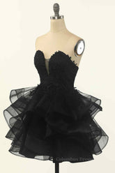 Party Dresses Ideas, Black A-line Strapless V Neck Applique Multi-Layers Mini Homecoming Dress